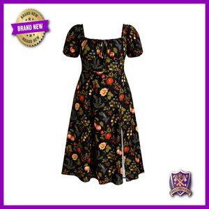 Plus Size Midi Dress Puff Sleeves Square Neck Split Summer Casual